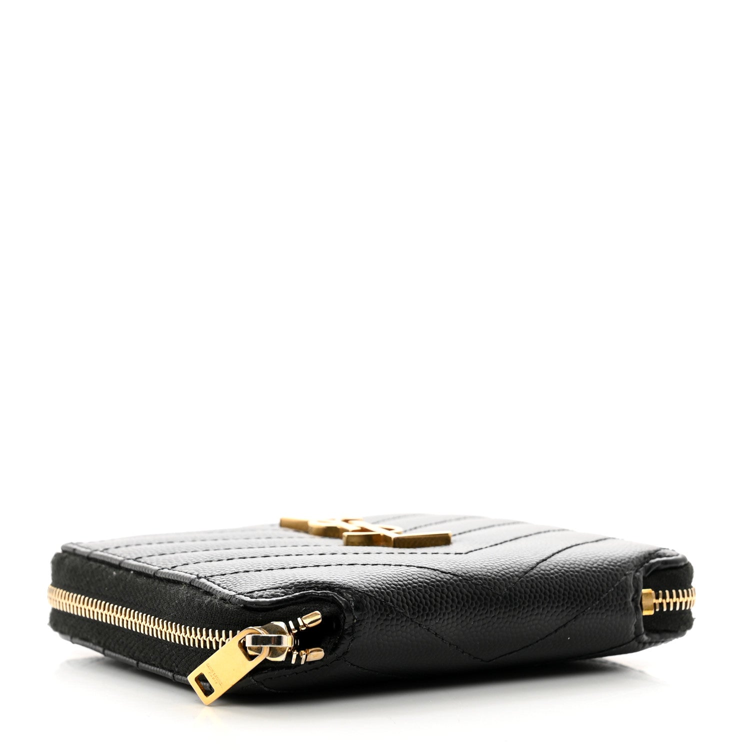 Saint Laurent Grain De Poudre Matelasse Chevron Monogram Compact Zip Around Wallet Black 4 of 9