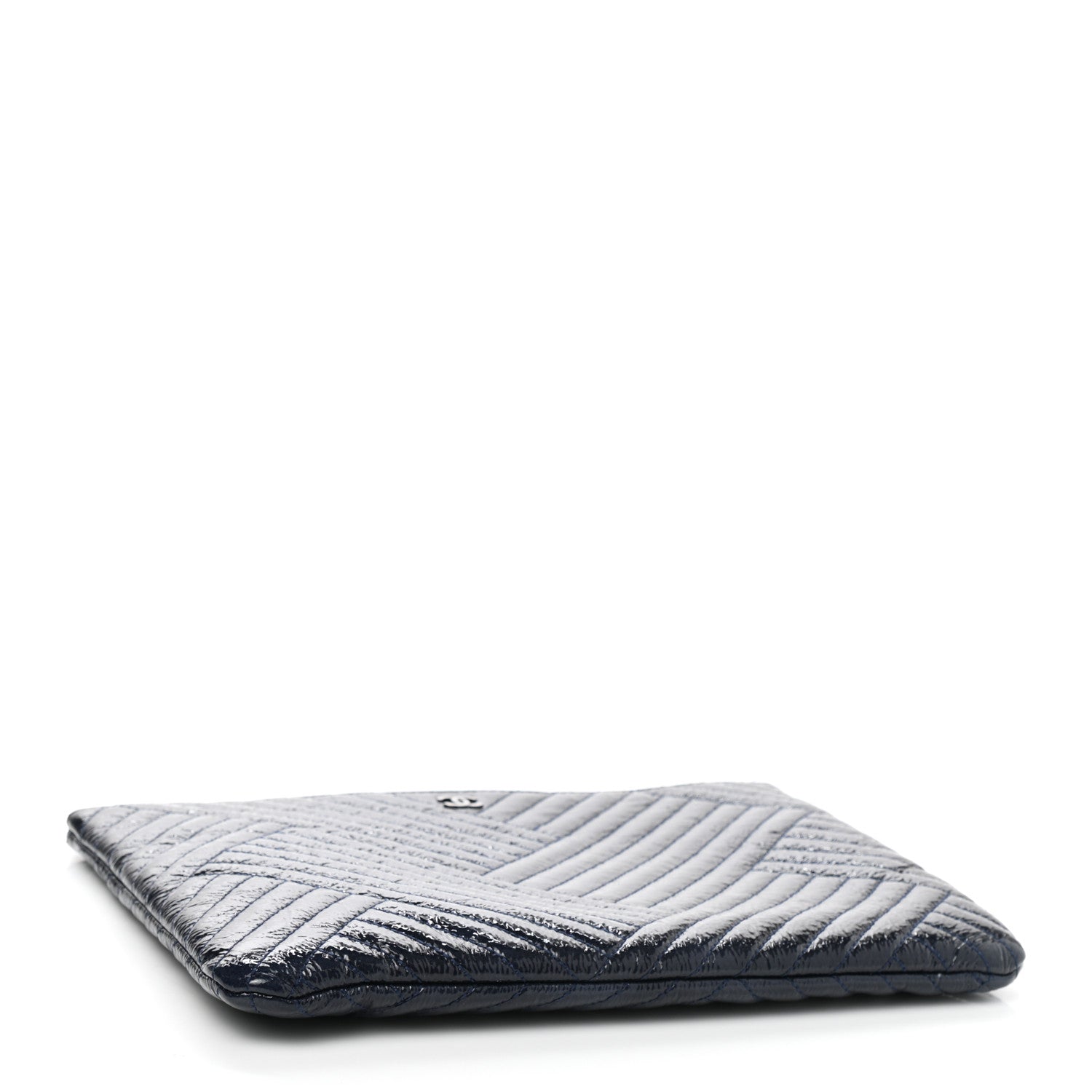 Chanel Distressed Patent Chevron Quilted Medium CC Crossing Cosmetic Case Navy 4 of 7