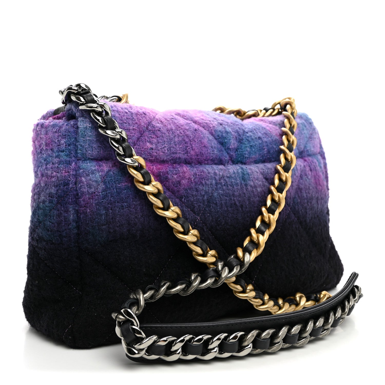 Chanel Wool Tweed Quilted Large Chanel 19 Flap Purple Black Blue 3 of 10