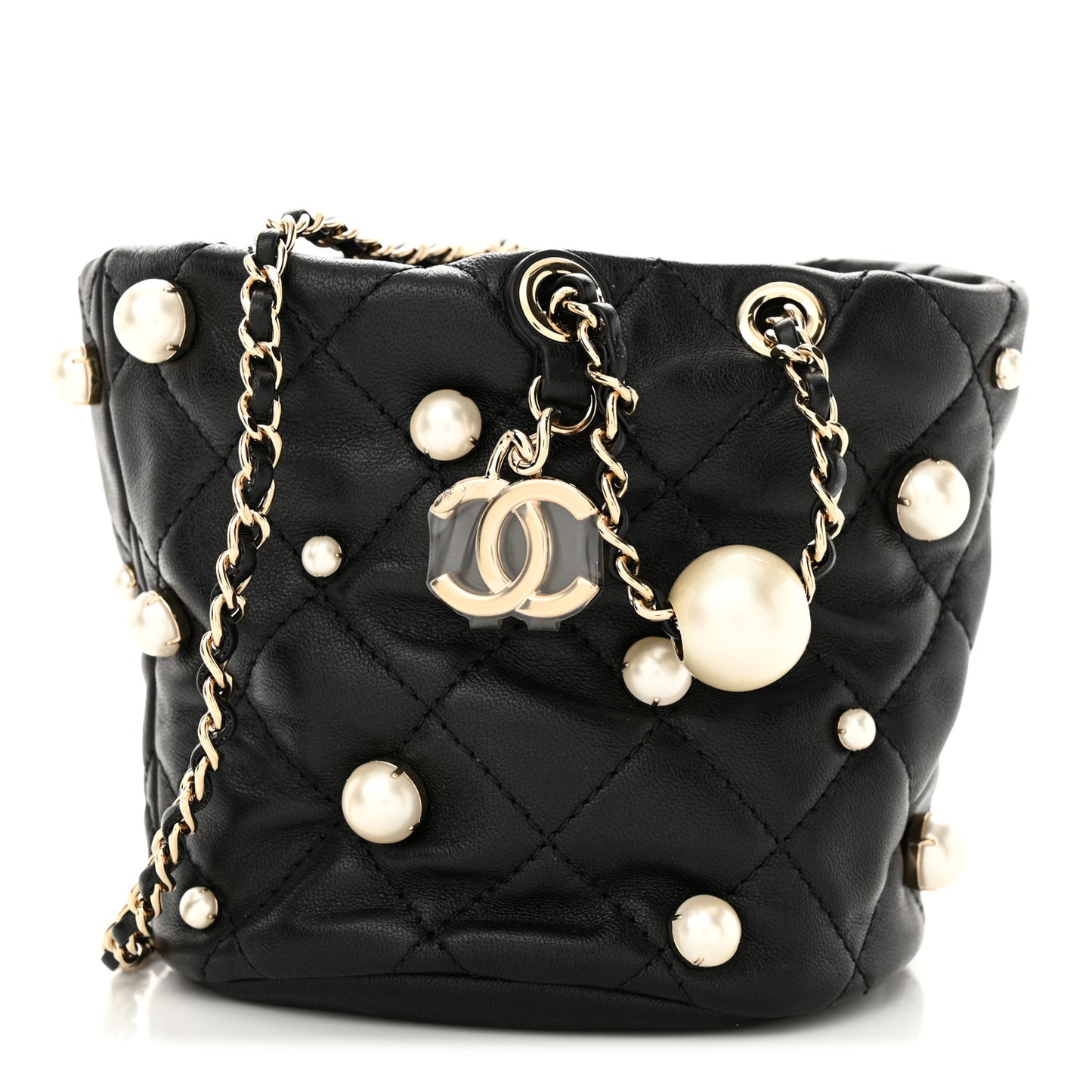 Lambskin Quilted Pearl Mini About Pearls Drawstring Bag Black