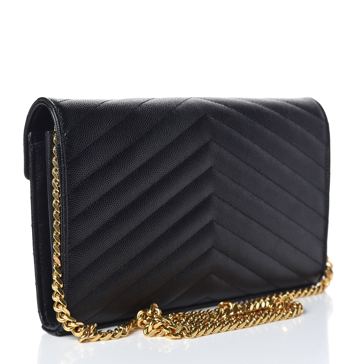 Saint Laurent Grain De Poudre Matelasse Chevron Monogram Chain Wallet Black 3 of 12