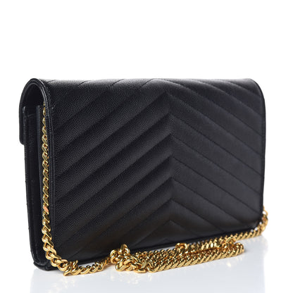 Saint Laurent Grain De Poudre Matelasse Chevron Monogram Chain Wallet Black 3 of 12