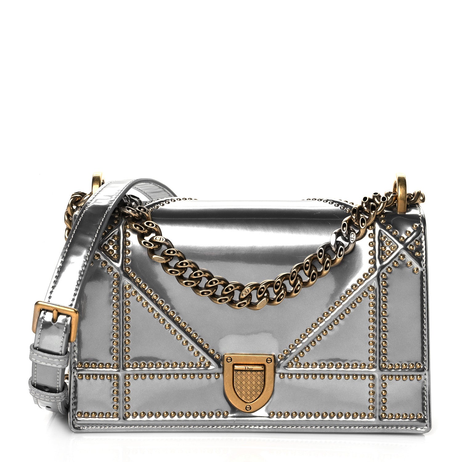 Christian Dior Metallic Patent Studded Small Diorama Flap Bag Silver 1 of 9
