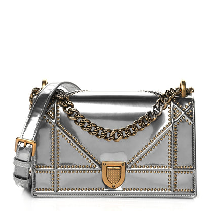 Christian Dior Metallic Patent Studded Small Diorama Flap Bag Silver 1 of 9