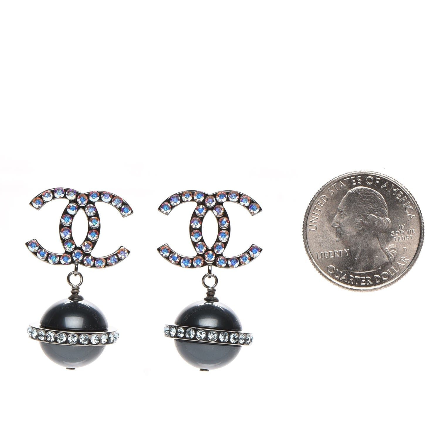 Chanel Iridescent Crystal Bead CC Drop Earrings Black 2 of 5
