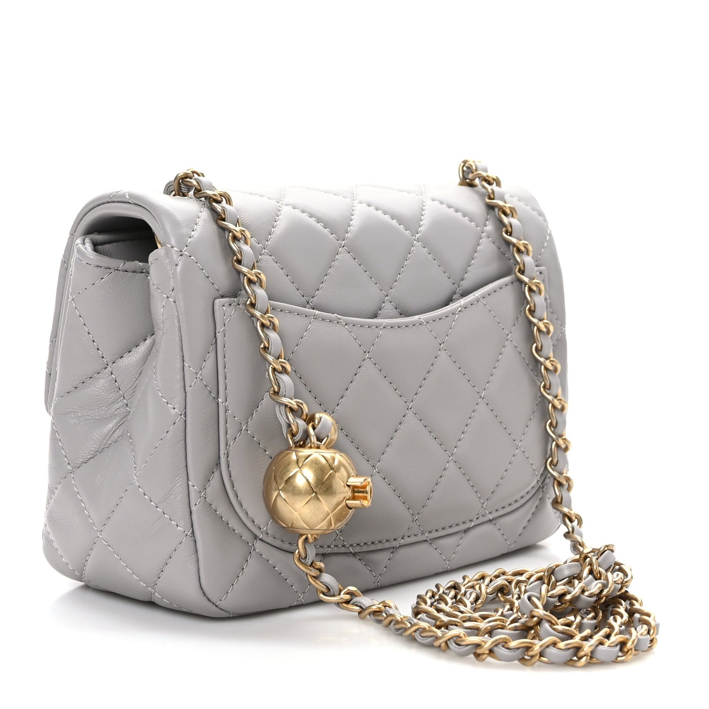 Lambskin Quilted Mini Pearl Crush Flap Light Grey