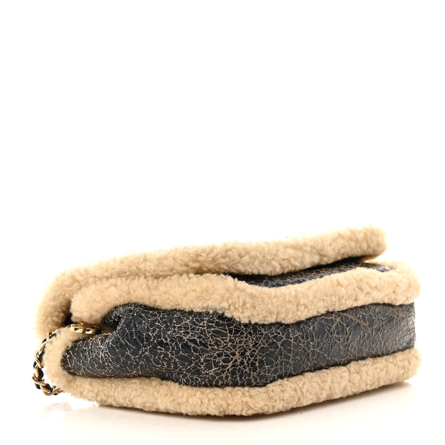 Shiny Crumpled Sheepskin Shearling CC Mania Flap Bag Black Beige