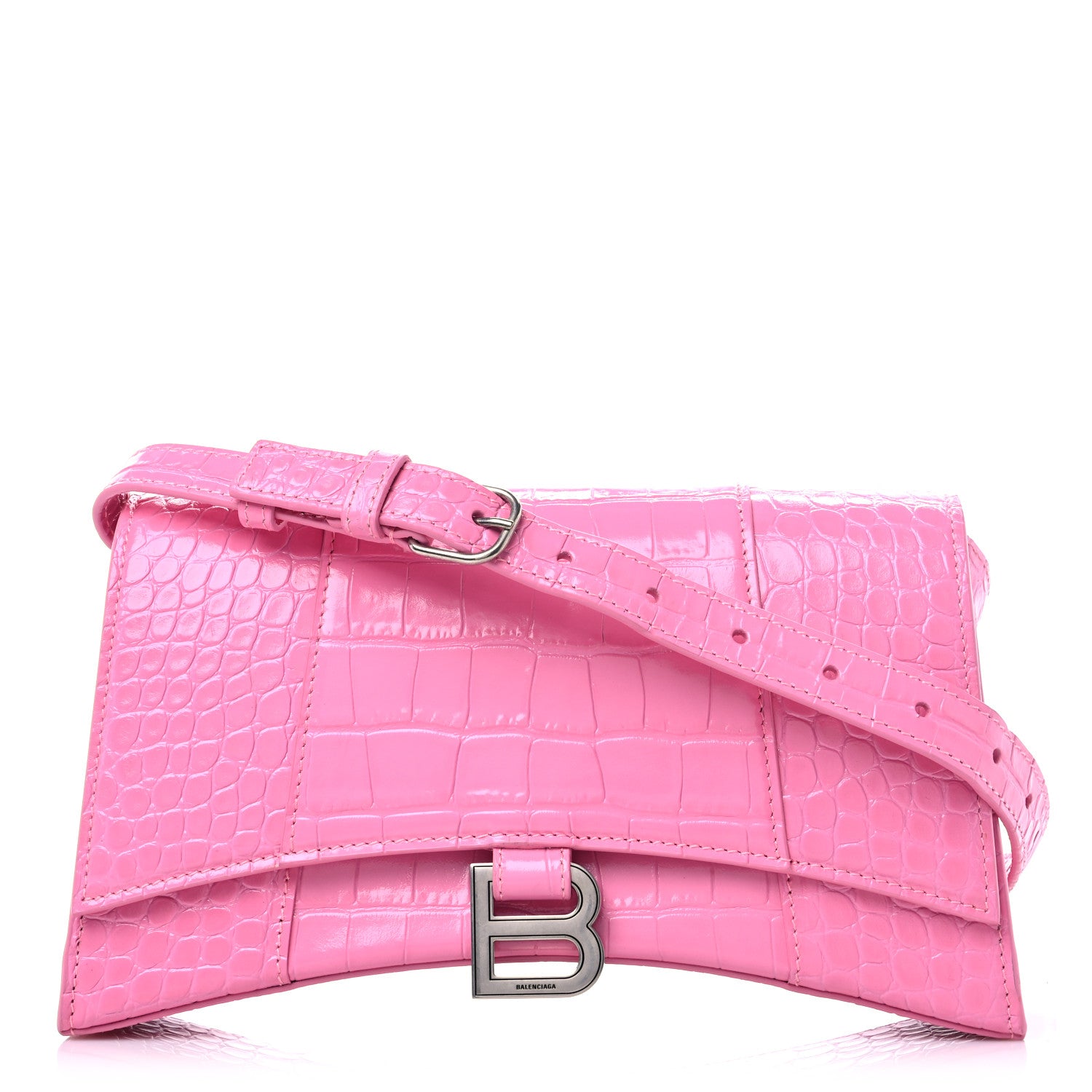 Balenciaga Shiny Calfskin Crocodile Embossed Small Hourglass Sling Shoulder Bag Baby Pink 1 of 15