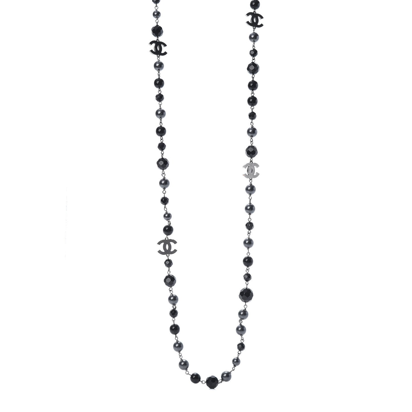 Ruthenium Pearl Beaded CC Long Necklace Black