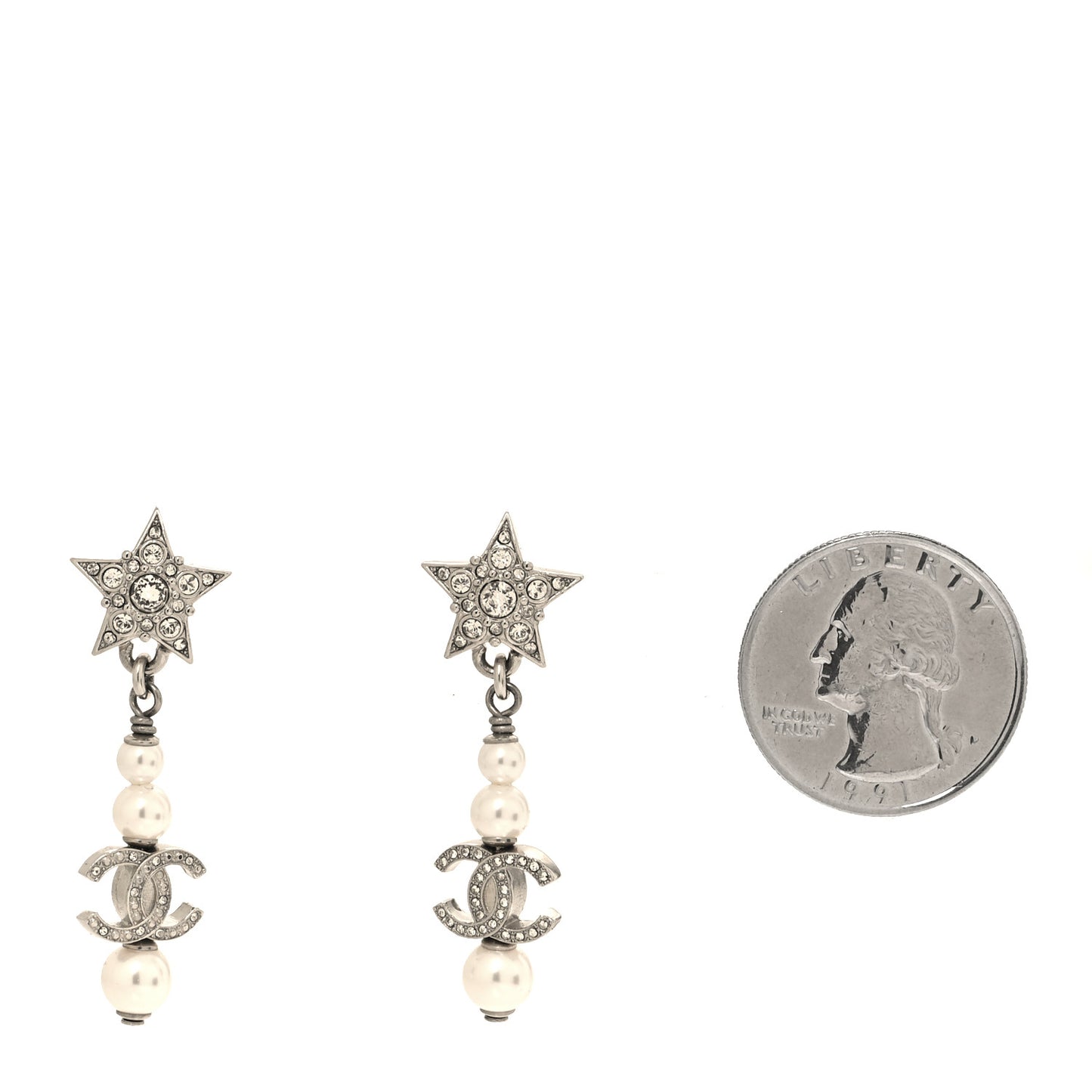 Crystal Pearl CC Star Drop Earrings Silver