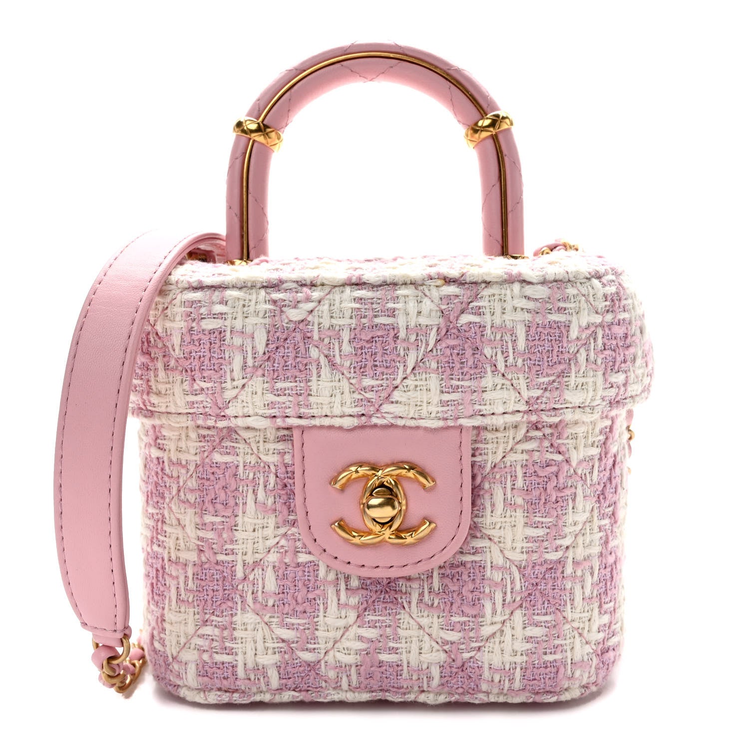 image of CHANEL Tweed Handle Crush Small Vanity Case in the color Pink Ecru by FASHIONPHILE