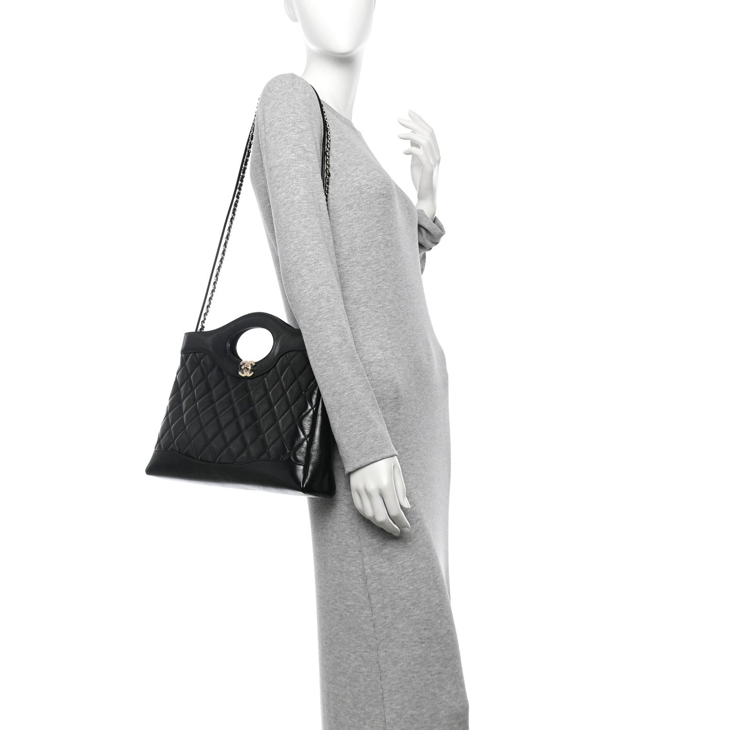 Shiny Lambskin Quilted 31 Shopping Bag Black