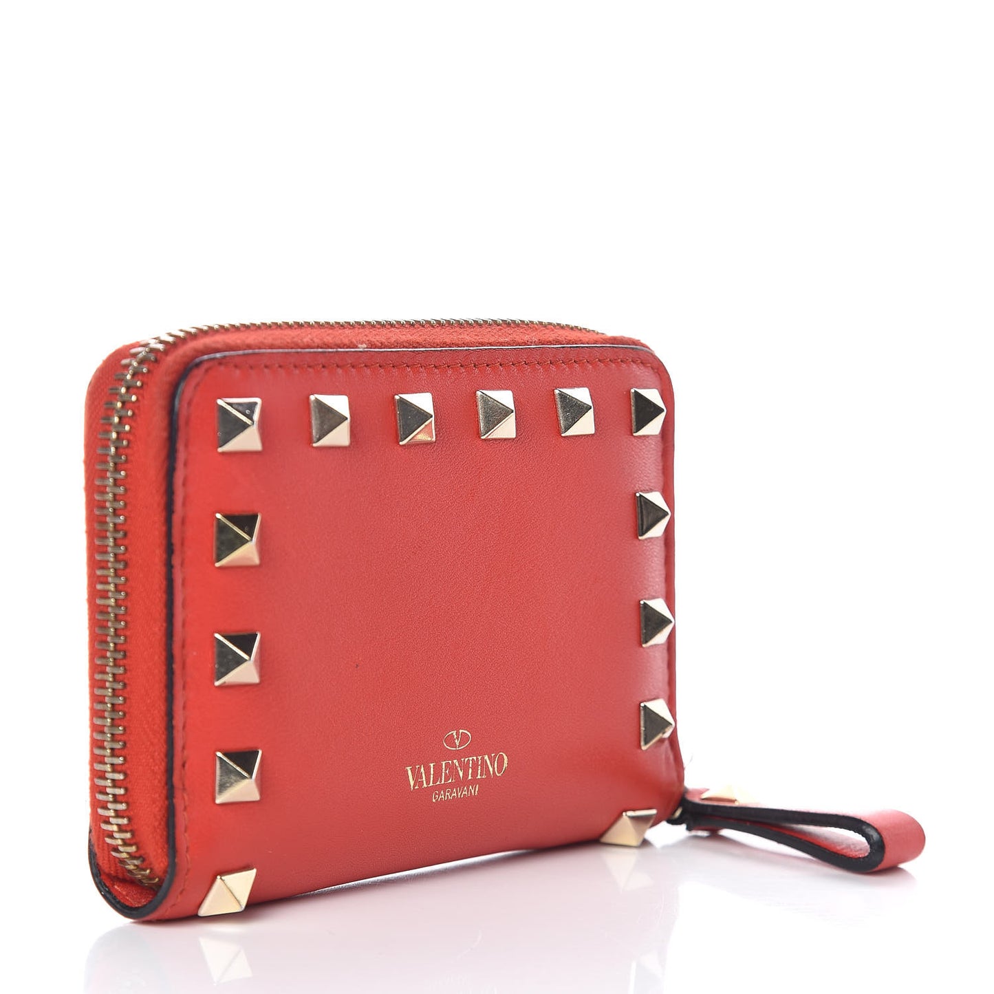 Calfskin Rockstud Zip Around Coin Case Card Holder Deep Orange