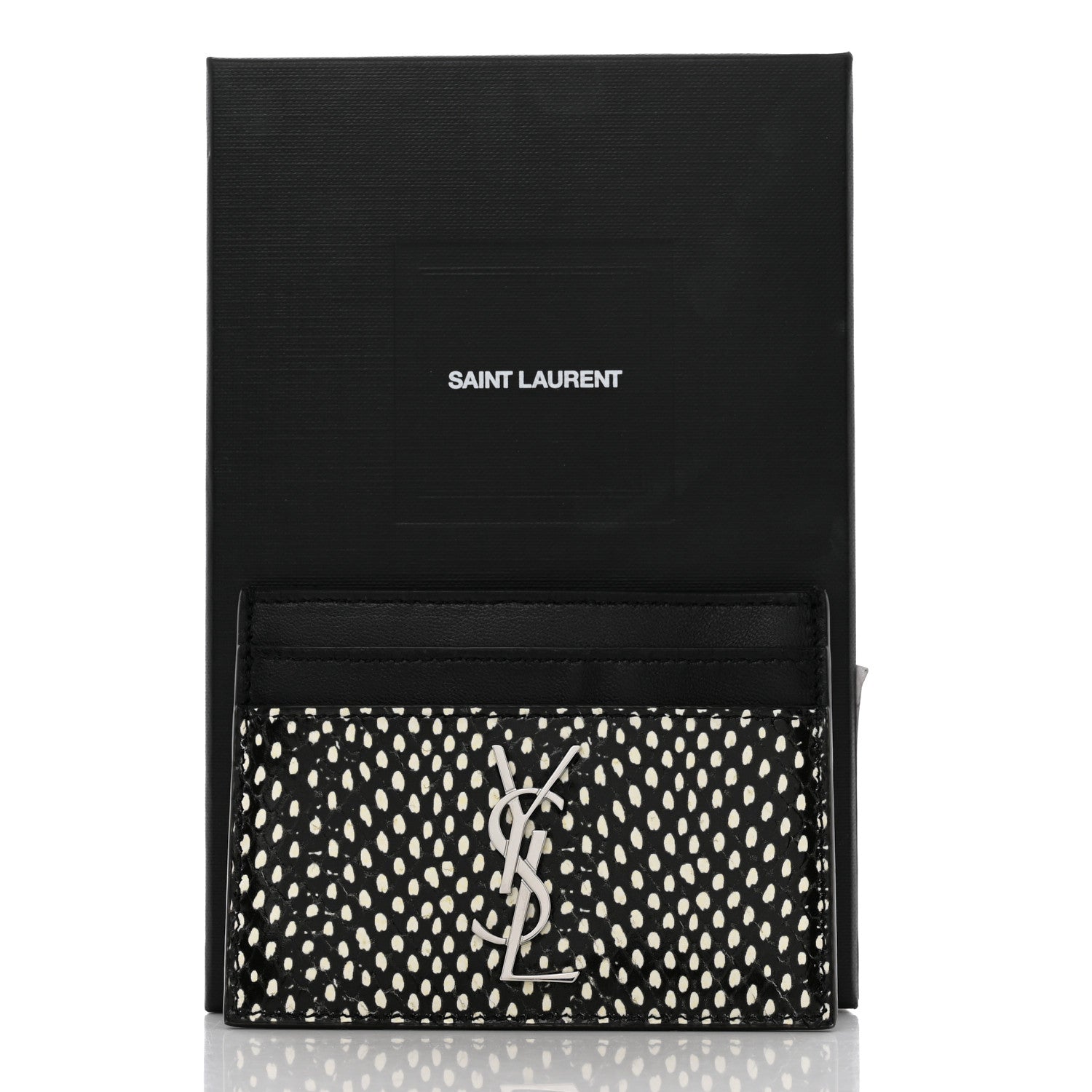 Saint Laurent Calfskin Lambskin Snakeskin Embossed Monogram Credit Card Case Black White 8 of 8