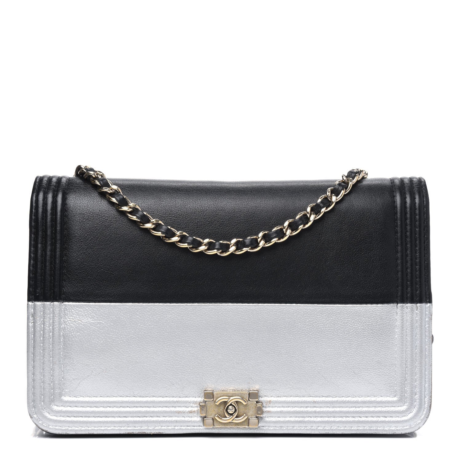 Chanel Metallic Goatskin Calfskin Boy Wallet on Chain WOC Black Silver 1 of 4