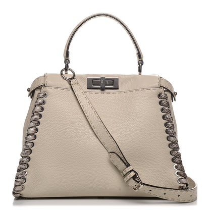 Fendi Cuoio Romano Selleria Elaphe Lace Up Medium Peekaboo Iconic Satchel Latte Taupe 1 of 8