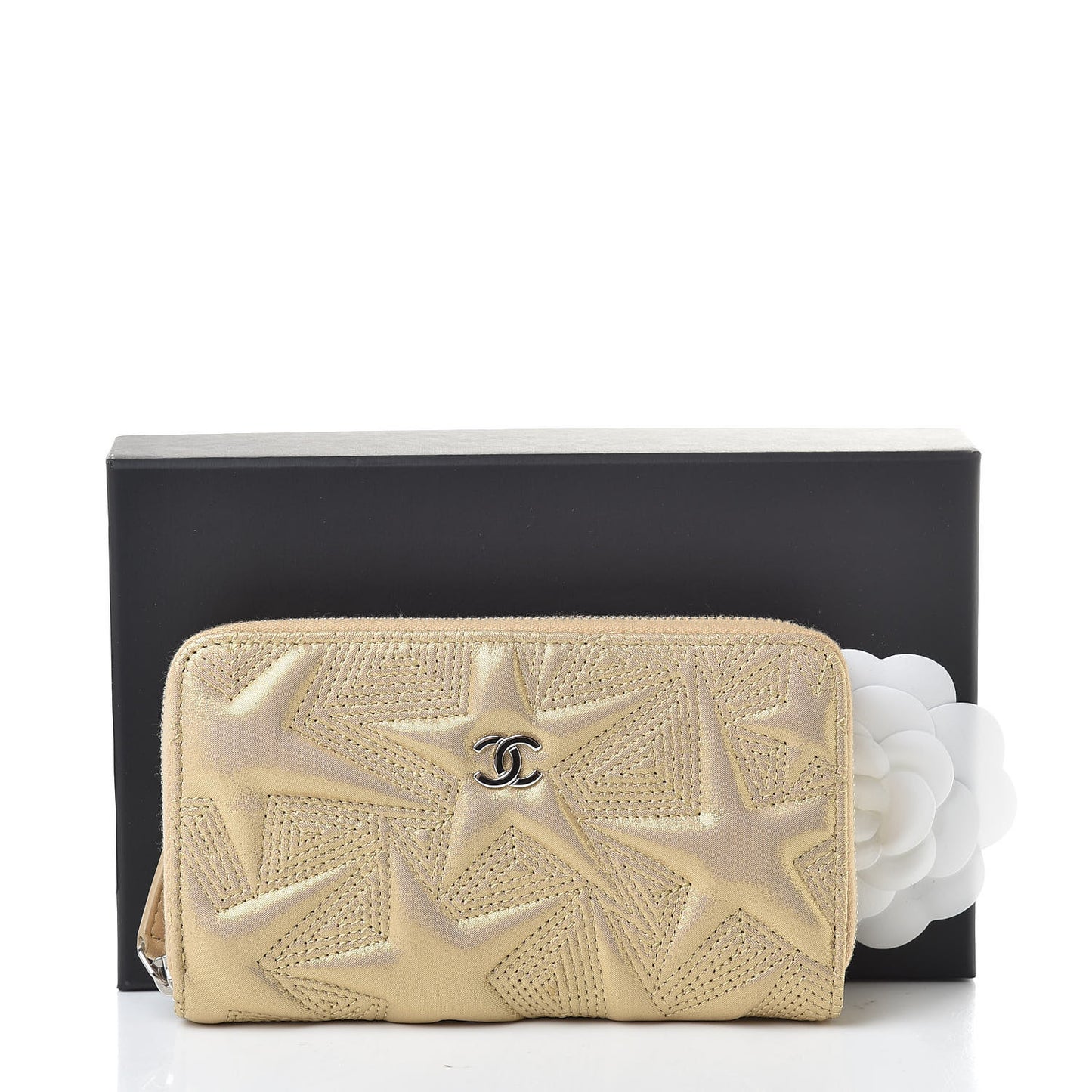 Metallic Lambskin Star Embossed Medium Zip Around Wallet Gold