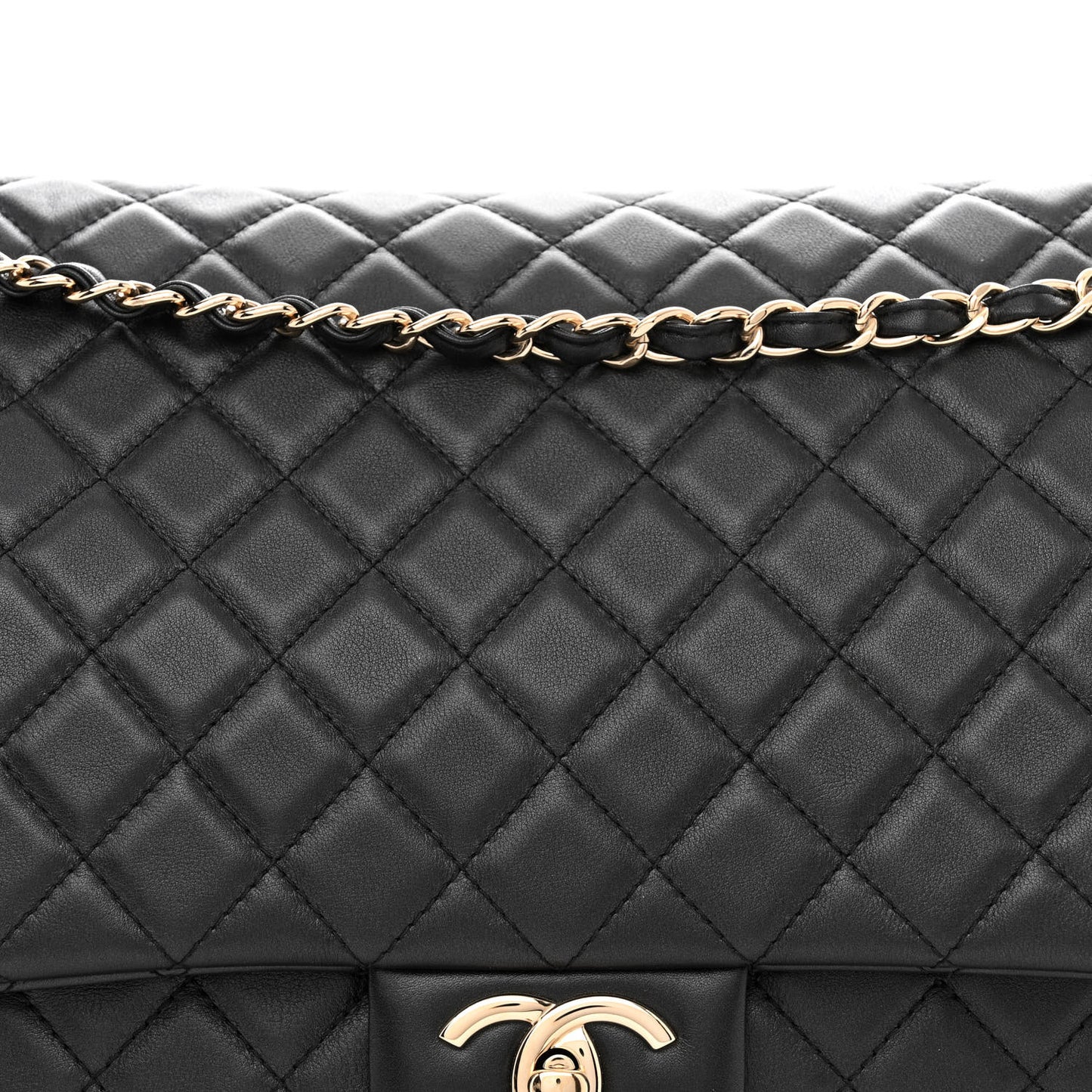 Metallized Calfskin Quilted XXL Travel Flap Bag Black
