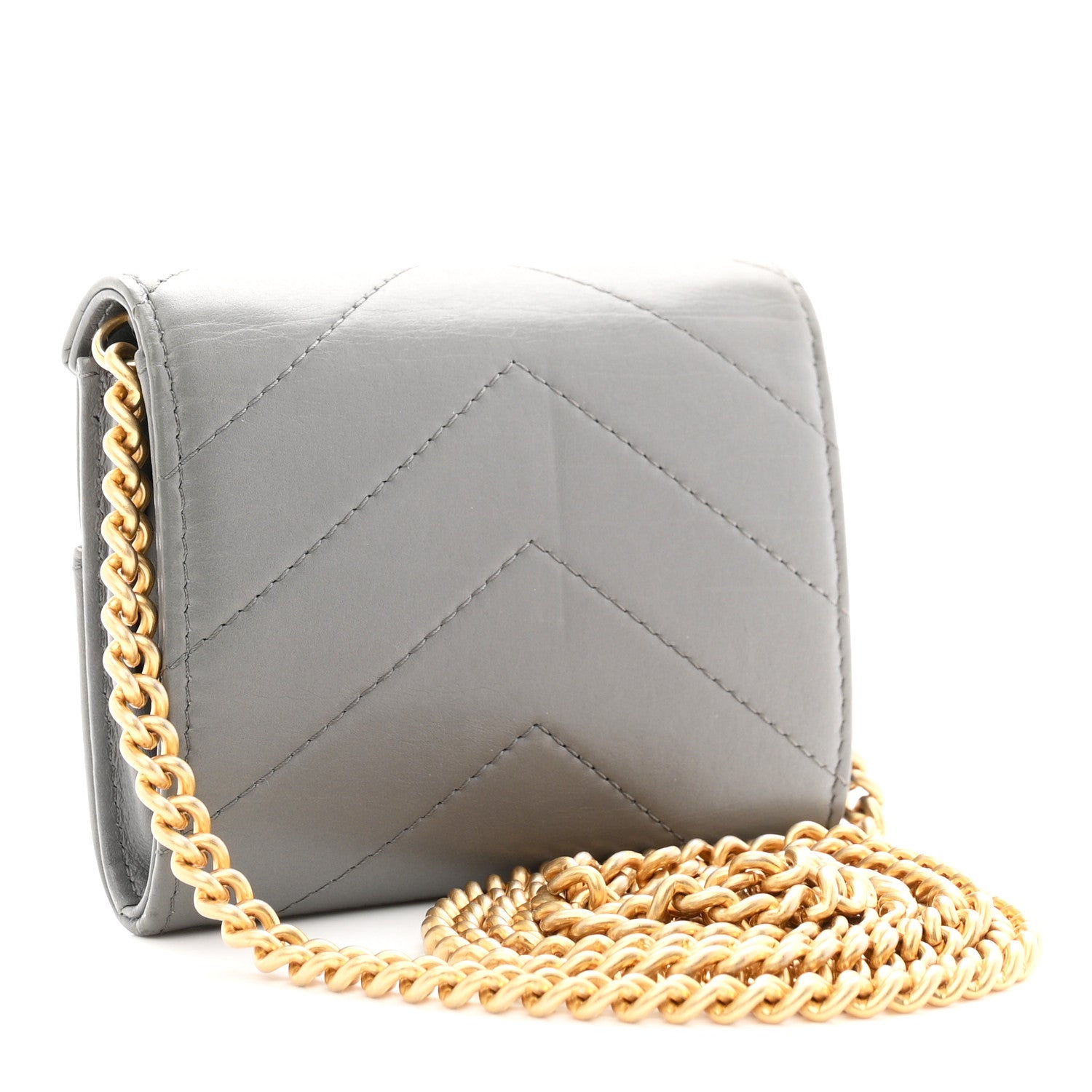 Chanel Calfskin Elaphe Double Chevron Card Case On Chain Grey 3 of 11