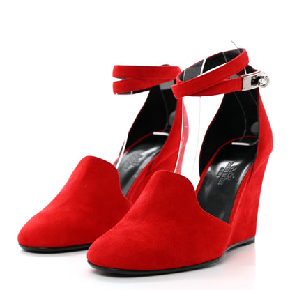 Hermes Suede Goatskin Lively Wedge Pumps 38 Piment 3 of 7