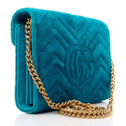 Gucci Velvet Matelasse GG Marmont Chain Wallet Pavone Cyan 3 of 10