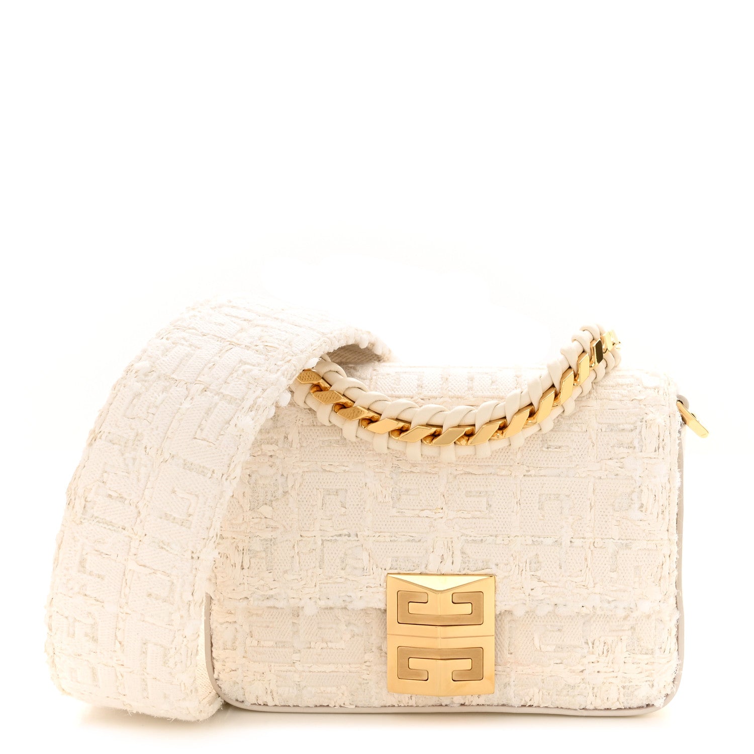 Givenchy Tweed Embroidered Small 4G Woven Chain Crossbody Ivory
