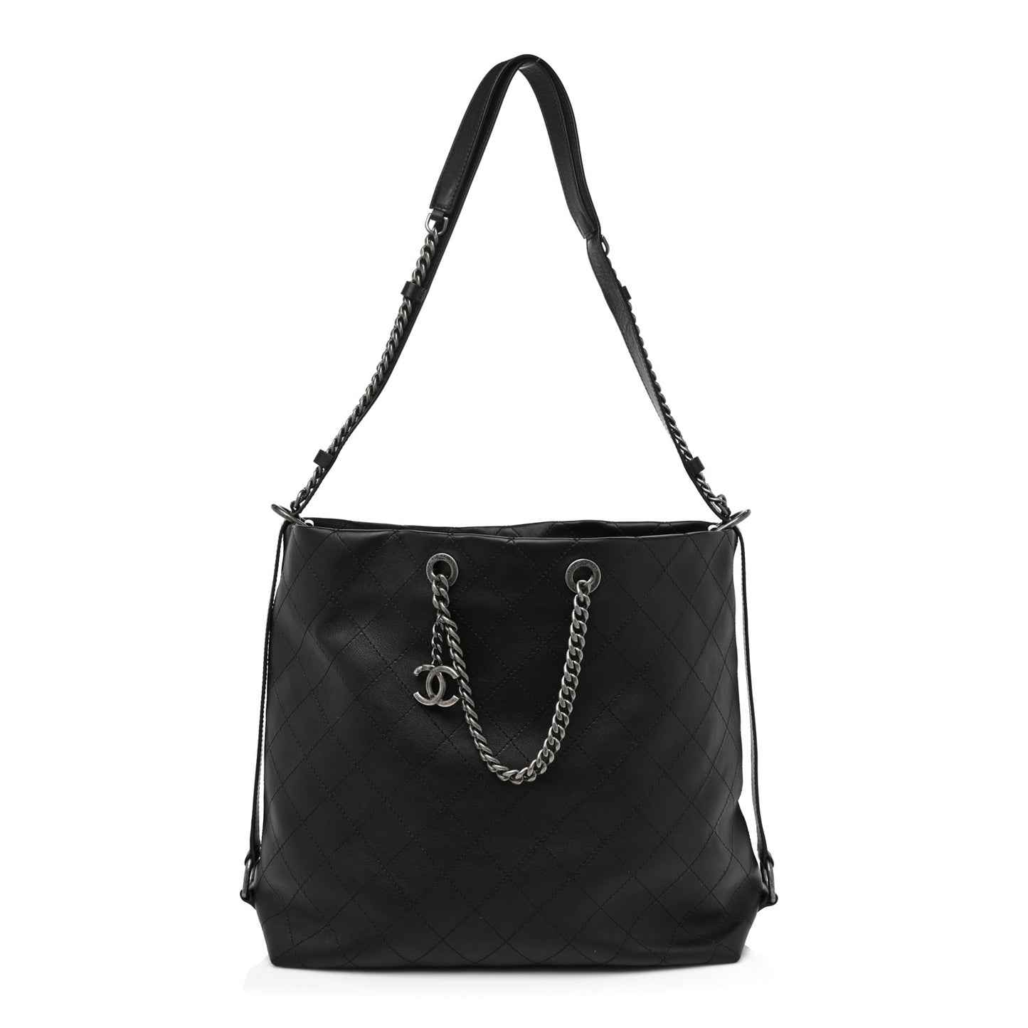 Calfskin Stitched Large Hobo Black