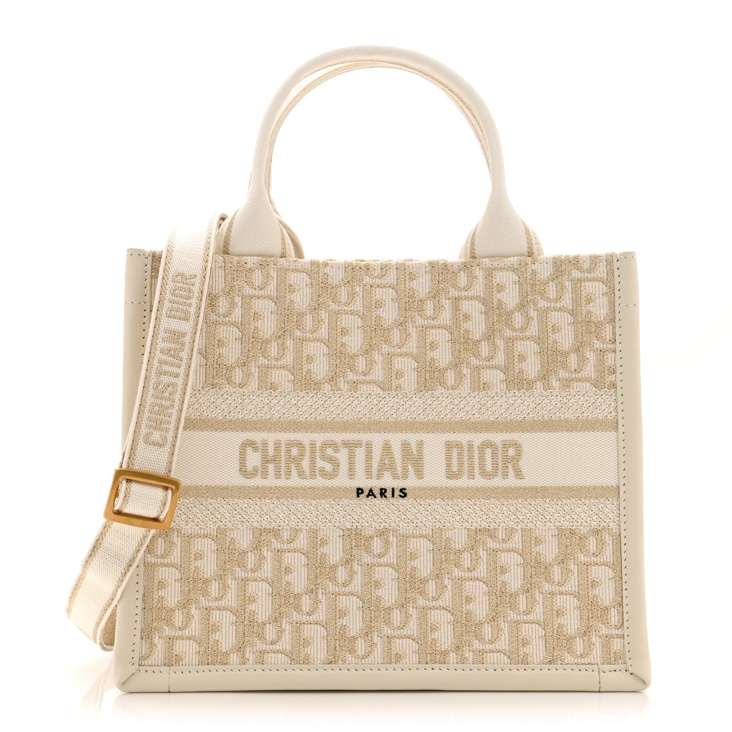 Oblique Chambray Calfskin Small Book Tote With Strap Gold Natural