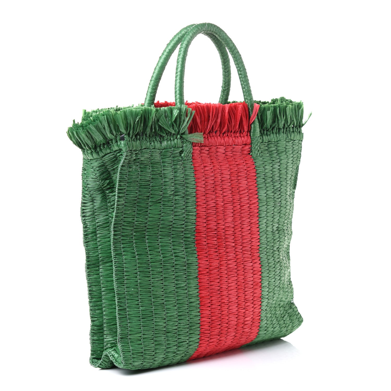 Gucci Raffia Linen Web Cestino Tote Bag Red Green 2 of 4