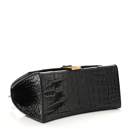 Balenciaga Shiny Calfskin Crocodile Embossed Small Hourglass Top Handle Bag Black 4 of 10