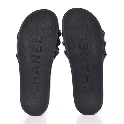 Chanel Satin Canvas Chain Flat Sandals 41 Marine 5 of 12