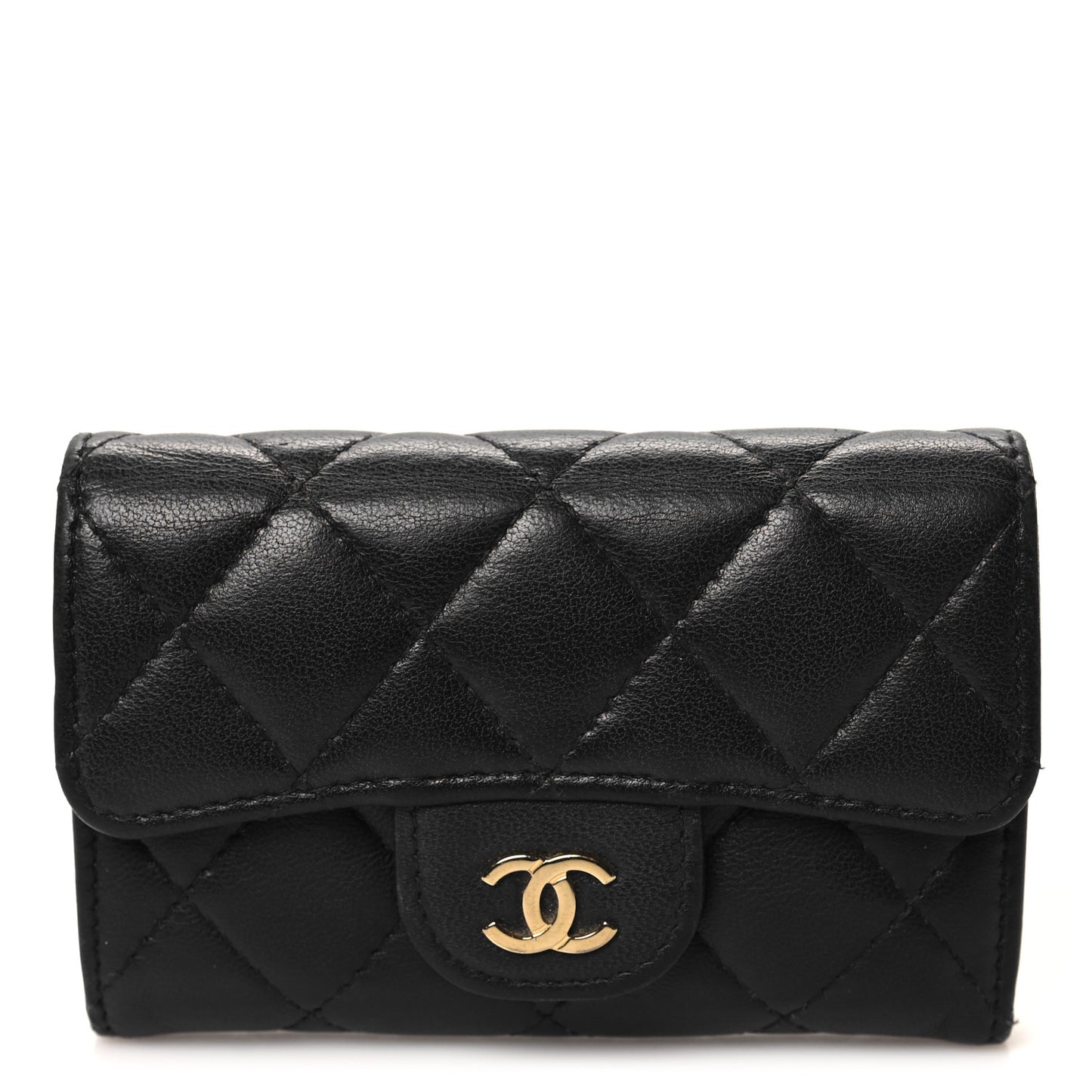 Lambskin Quilted Flap Card Holder Wallet Black