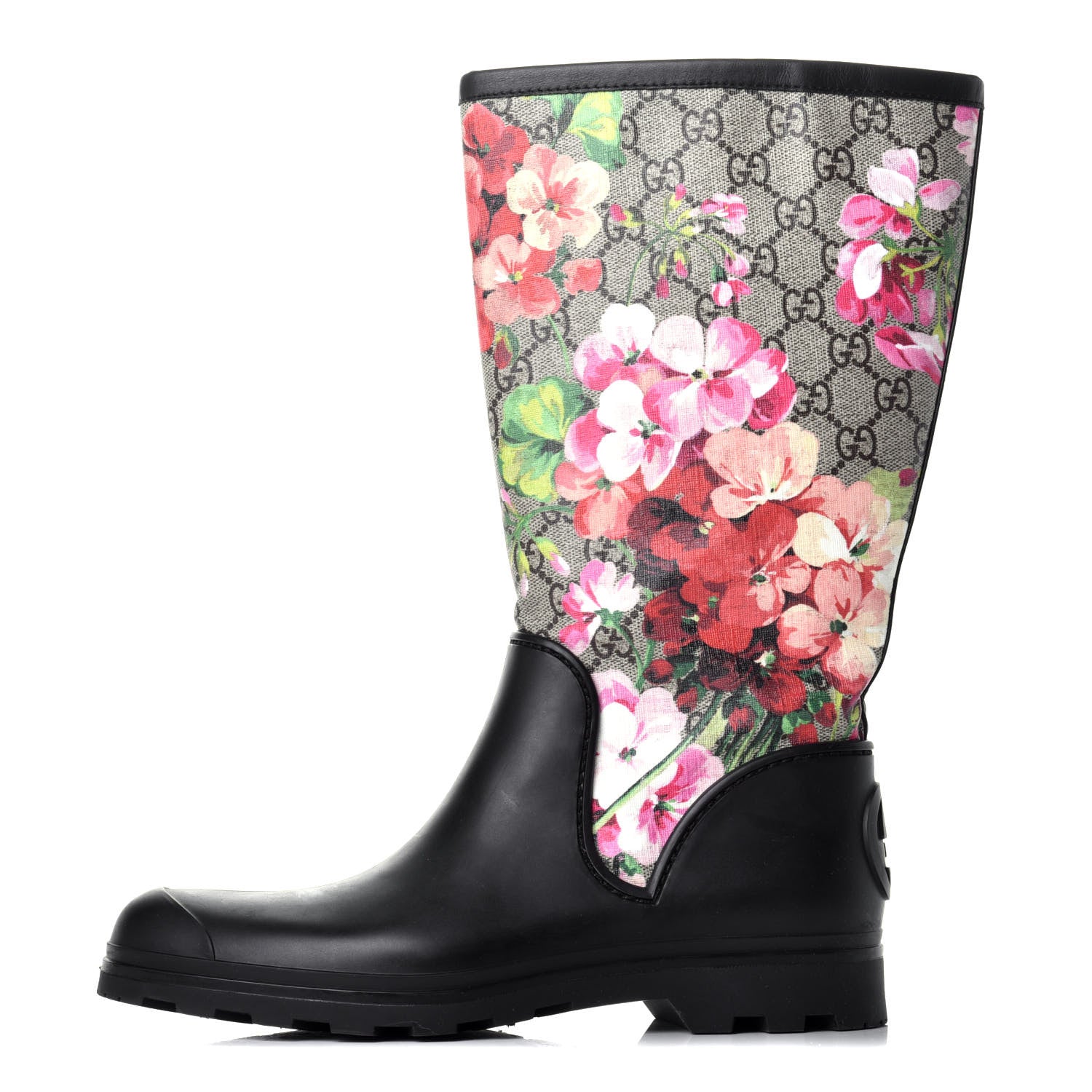 Gucci GG Supreme Monogram Blooms Flat Rubber Boots 38 Beige Multicolor 1 of 6