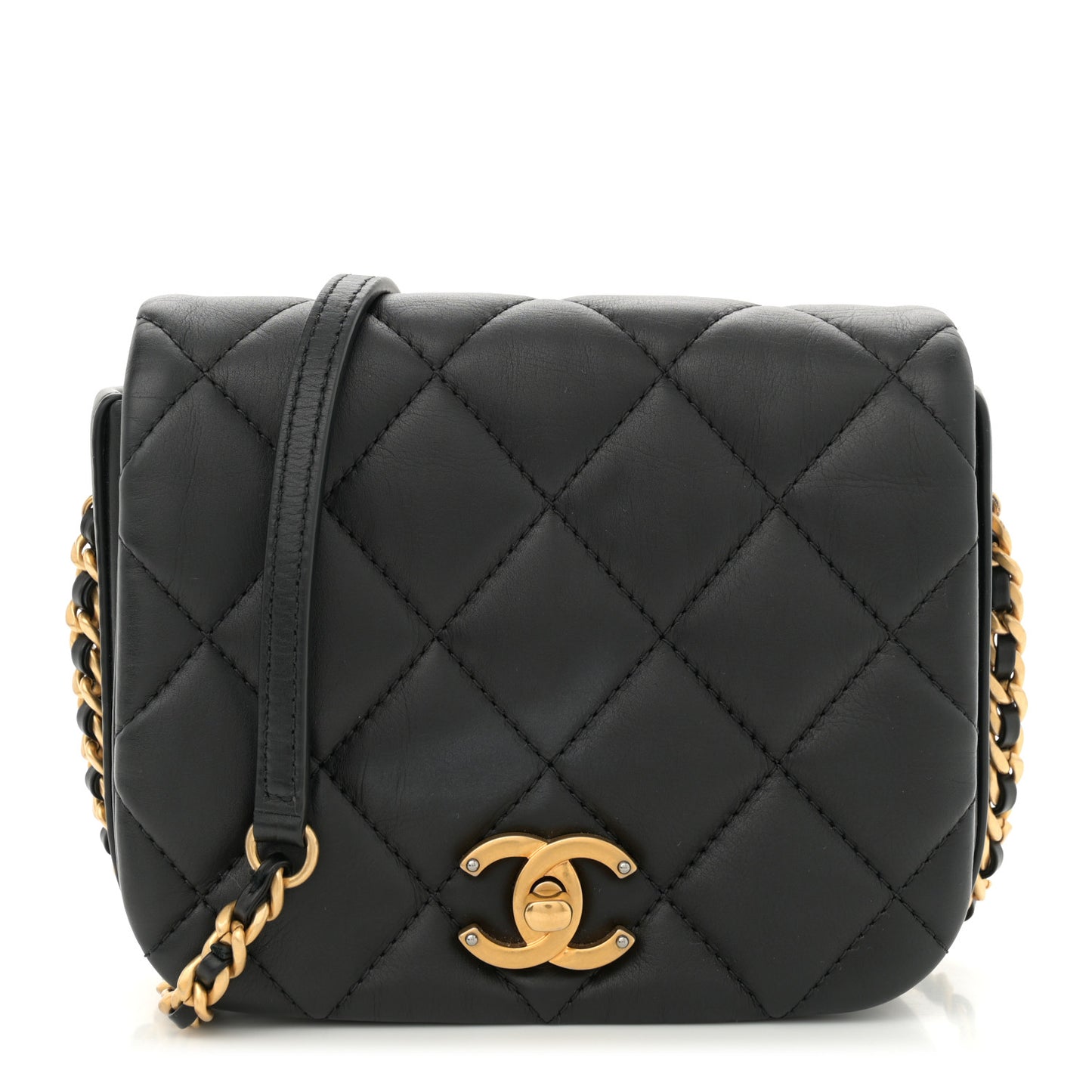 Calfskin Quilted Mini Nailed CC Flap Bag Black