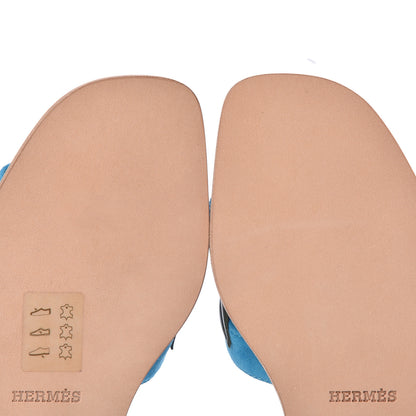 Hermes Suede Goatskin Nappa Oran Laurier Sandals 35 Bleu Thalassa Khaki 8 of 8