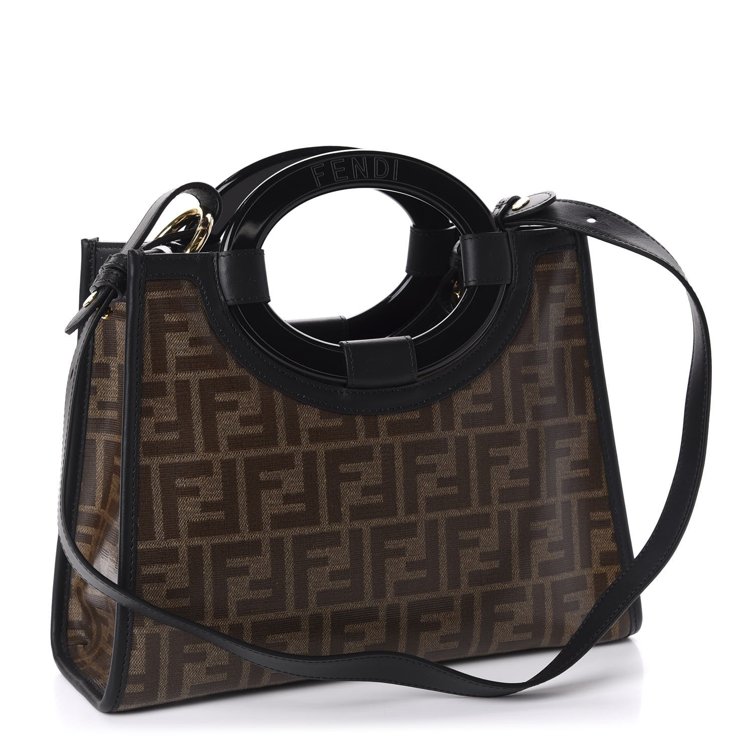 Fendi Glazed Fabric Vitello Century Plexiglass FF 1974 Stamp Patch Small Runaway Shopper Tote Mogano Panna Black 3 of 10