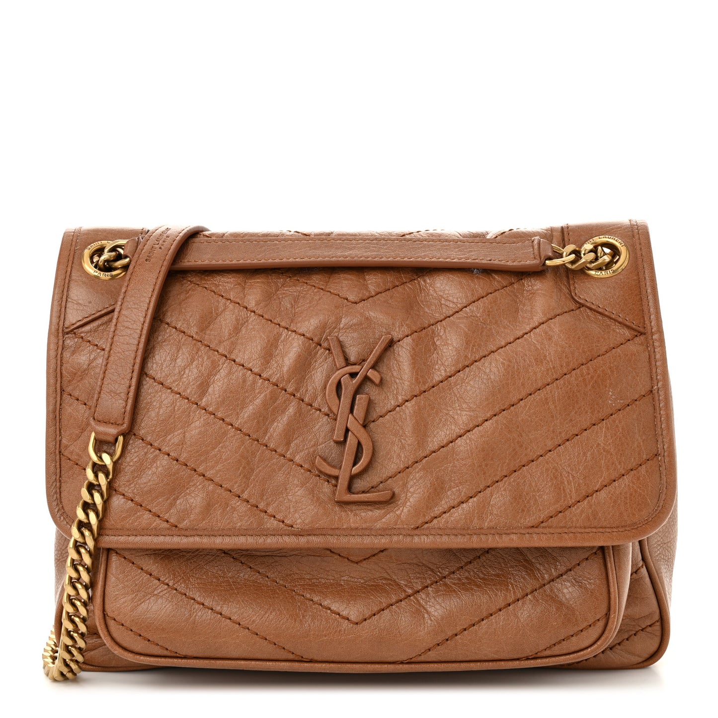 Crinkled Calfskin Matelasse Monogram Medium Niki Chain Satchel Caramel