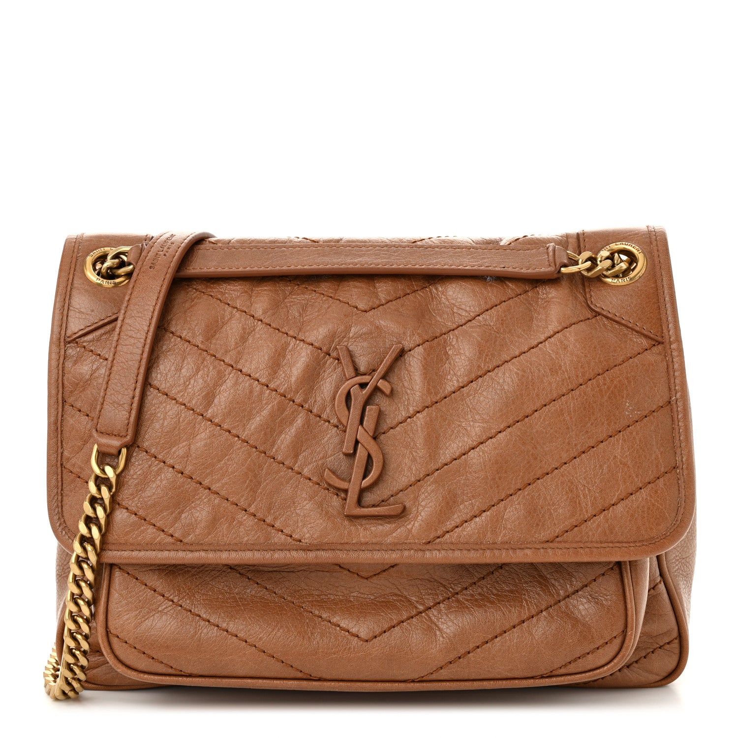 Saint Laurent Crinkled Calfskin Matelasse Monogram Medium Niki Chain Satchel Caramel 1 of 9