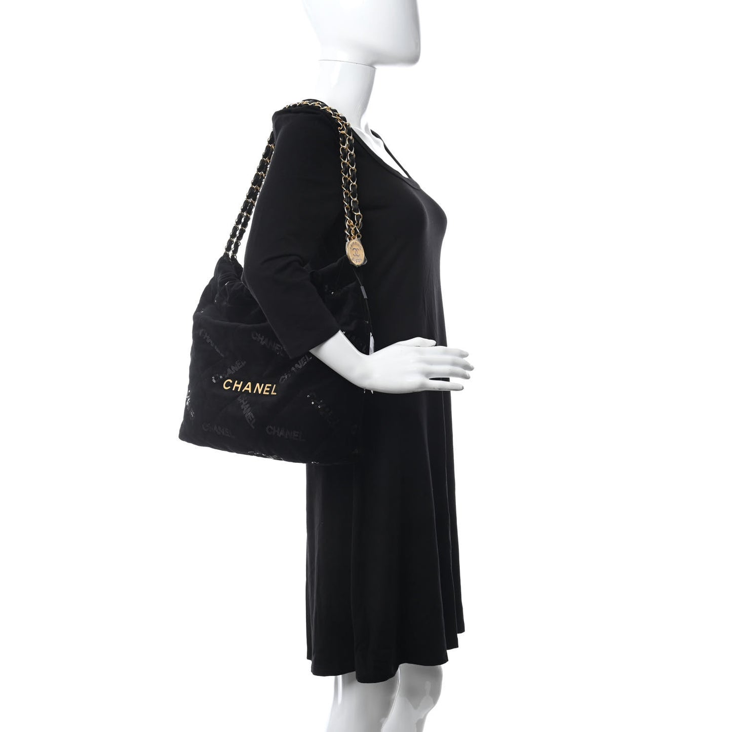 Velvet Sequin Quilted Small Chanel 22 Black