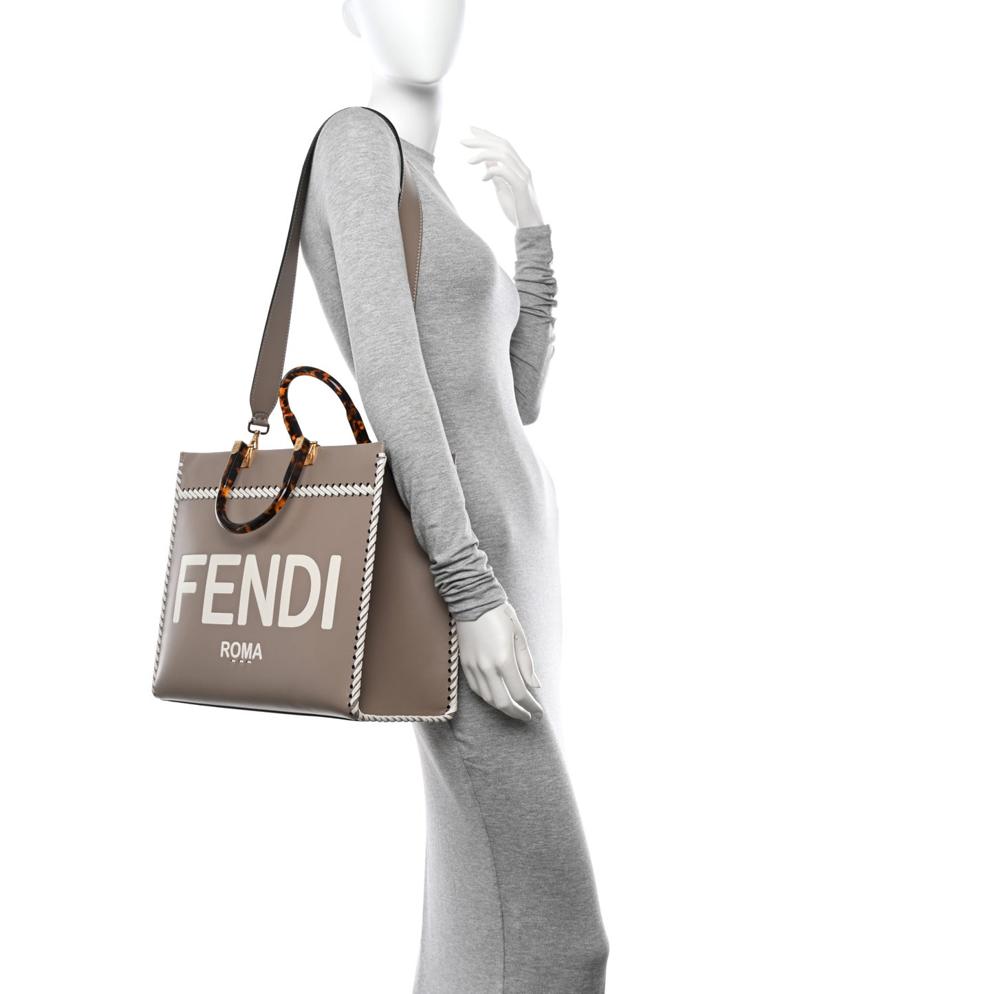 Vitello King Ceylon Plexiglass Woven Logo Debossed Medium Fendi Sunshine Shopper Tote Tortora