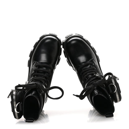 Prada Spazzolato Rois Re-Nylon Metal Triangle Logo Monolith Pouch Pocket 55mm Boots 35.5 Black 2 of 9