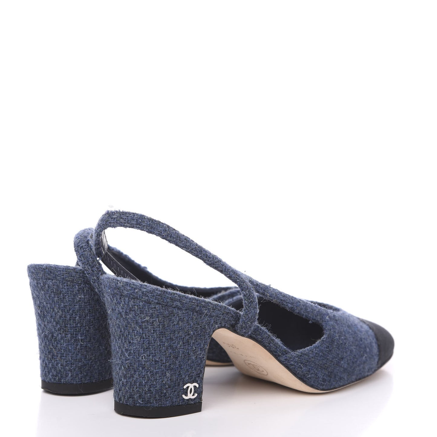 Tweed Grosgrain Cap Toe CC Slingback Pumps 35 Blue Black