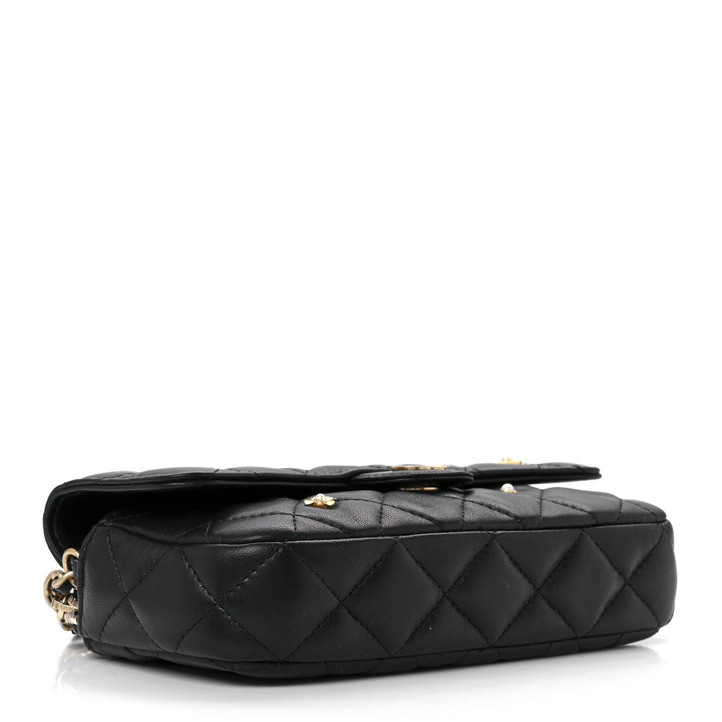 Lambskin Quilted Charm Flap Phone Holder With Chain Black