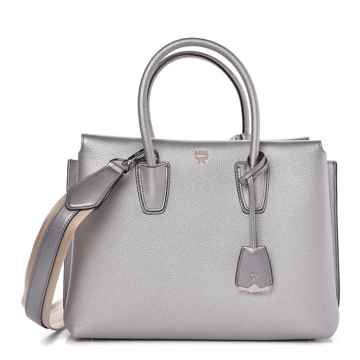 MCM Metallic Grained Calfskin Medium Milla Tote Spike Silver 1 of 7