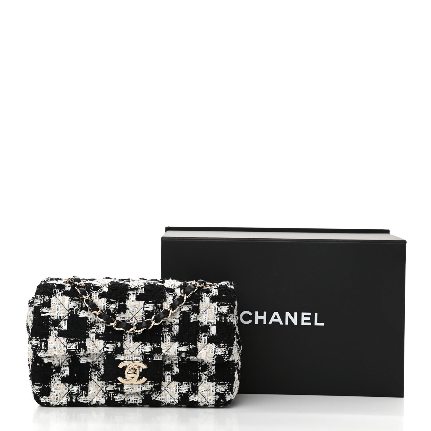 Tweed Quilted Mini Rectangular Flap Black Ecru White