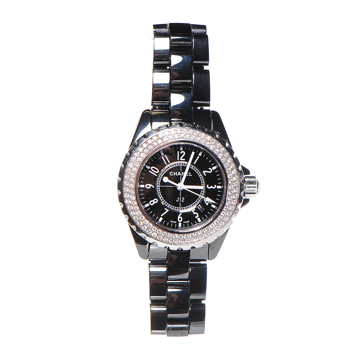 Chanel Stainless Steel Ceramic Diamond Pave Bezel 33mm J12 Quartz Watch Black 3 of 5