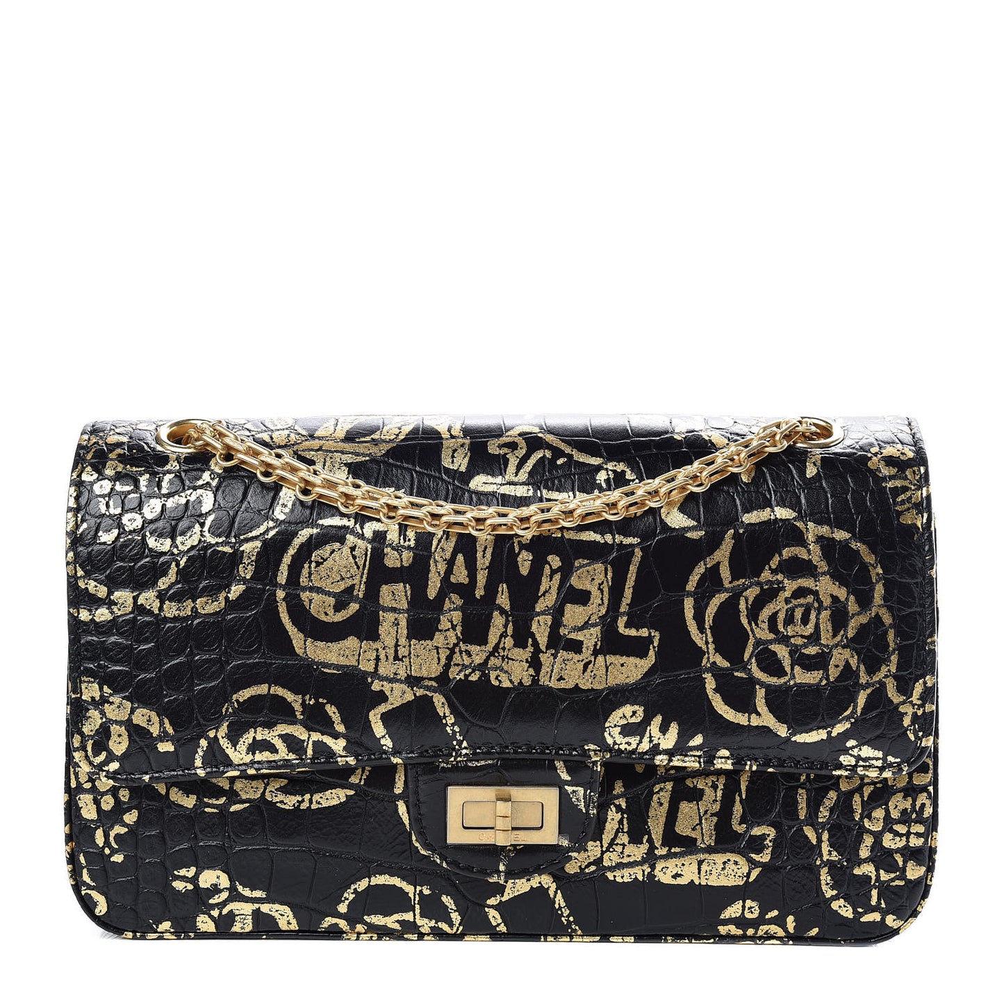Calfskin Crocodile Embossed Graffiti 2.55 Cocodile Reissue 225 Flap Black Gold