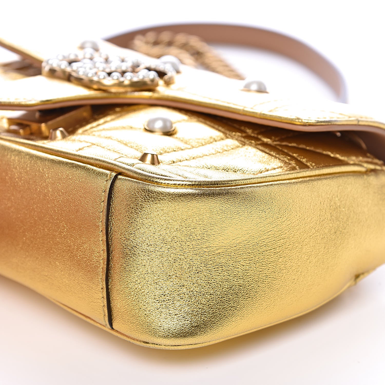 Gucci Metallic Calfskin Matelasse Studded Mini Pearly GG Marmont Shoulder Bag Gold 9 of 10