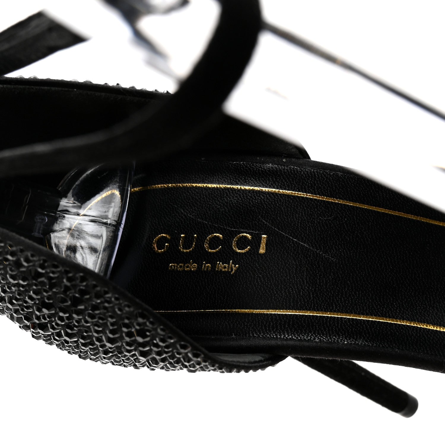 Gucci Suede Satin Crystal Ankle Strap High Heel Sandals 39.5 Black 8 of 9