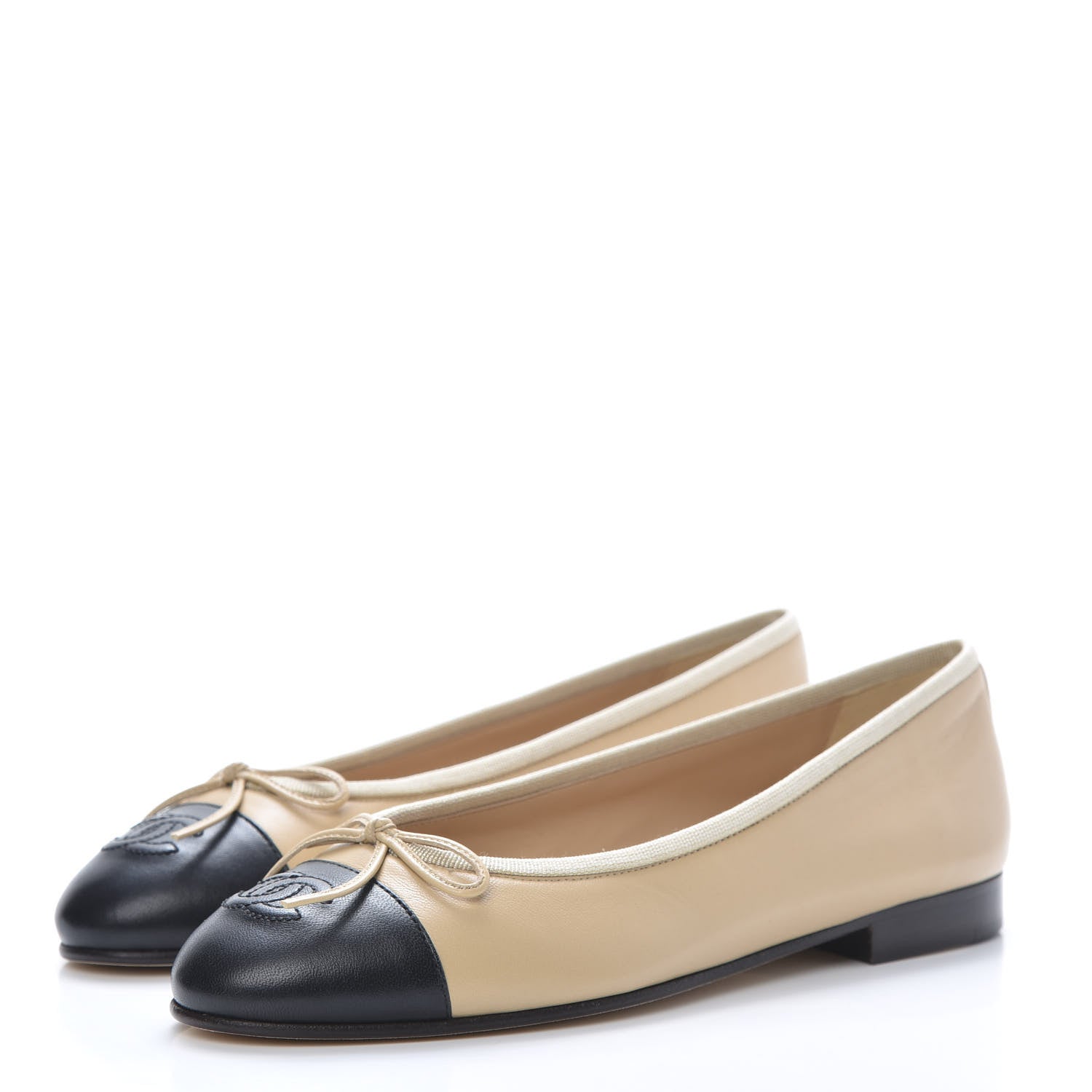 Chanel Lambskin CC Cap Toe Ballerina Flats 37 Beige Black 3 of 9